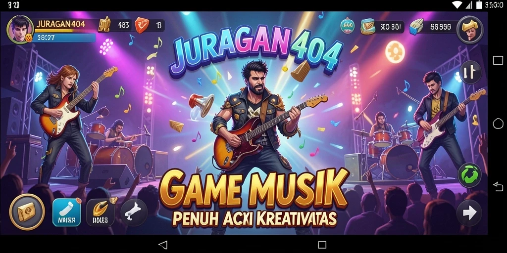 Screenshot utama JURAGAN404 menampilkan gameplay menarik dengan berbagai pilihan lagu.